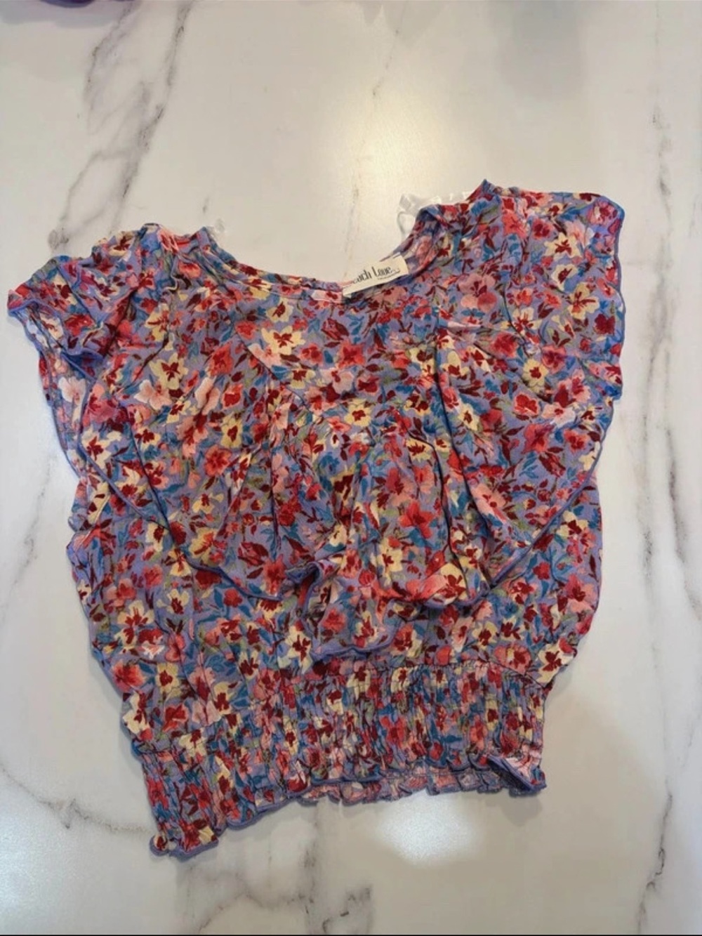 Peach Love California Blue Floral Smocked Crop Top